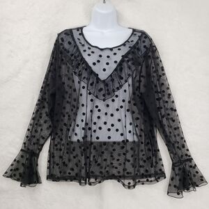 Ups & Downs Blouse Women 2X Black Sheer Polka Dot Mesh Ruffle Dark Coquette